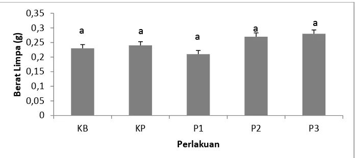 Gambar 4.1 Pengaruh Ekstrak Andaliman Terhadap Berat Organ Limpa.  KB = Kontrol Blank (mencit tidak diberi perlakuan); KP = Kontrol Pelarut (CMC 1%); P1, P2 dan P3= Perlakuan dengan konsentrasi ekstrak n-heksan buah andaliman 2%, 4%, dan 6%; satuan dalam g