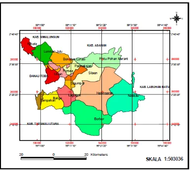 Gambar 5. Peta Wilayah Kabupaten Toba Samosir Berdasarkan Batas Wilayah Kecamatan Sumber :      Kabupaten Toba Samosir dalam Angka Tahun 2009,  Skala 1 : 503.036 