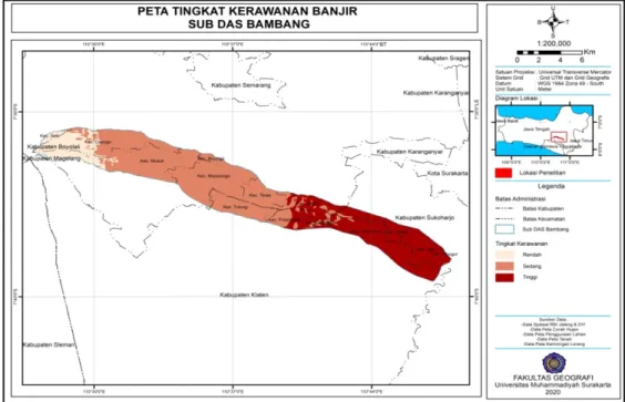 Gambar 1. Peta Tingkat Kerawanan Bencana Banjir di Sub DAS Bambang  Sumber: Penulis, 2020