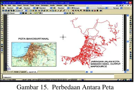 Gambar 4.12 merupakan perbedaan antara peta Bakosurtanal dengan peta kota (City Map) dengan menggunakan alat GPS