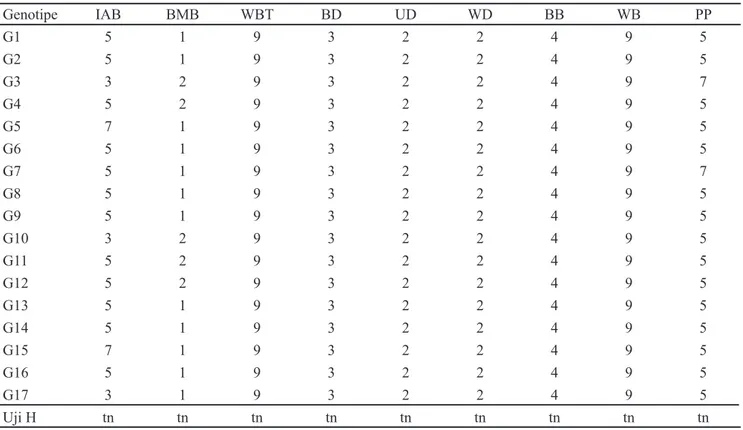 Tabel 1. Karakter kualitatif agro-morfologi dari 17 genotipe mutan M 3  C. cristata 