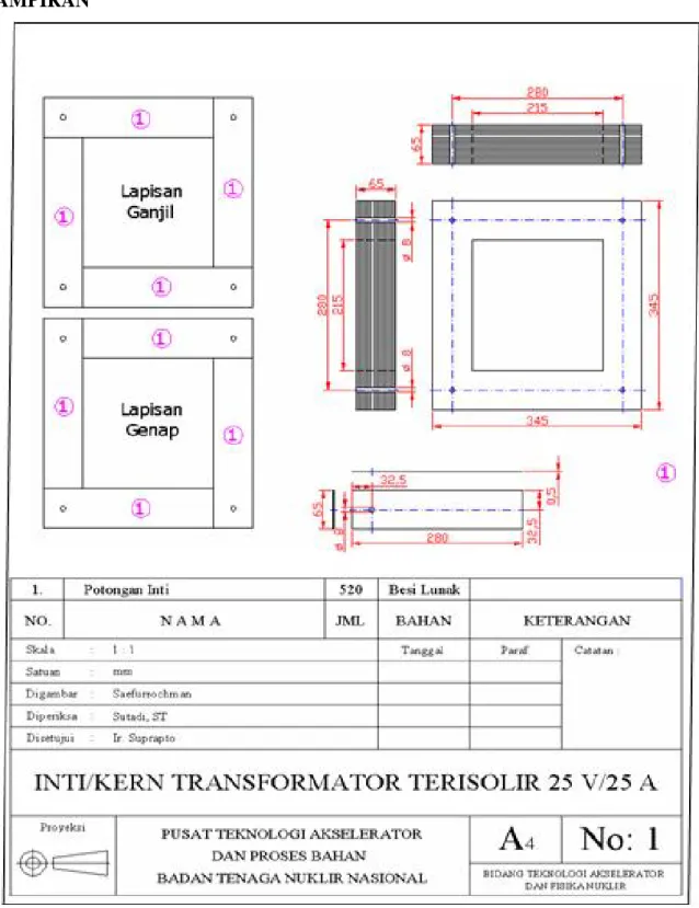 Gambar 6.  Rancangan detil inti transformator 625 VA terisolasi tegangan 300 kV. 