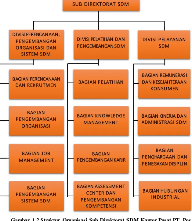 Gambar  1.2 Struktur  Organisasi  Sub  Direktorat  SDM Kantor Pusat PT.  Pos  Indonesia  Bandung 