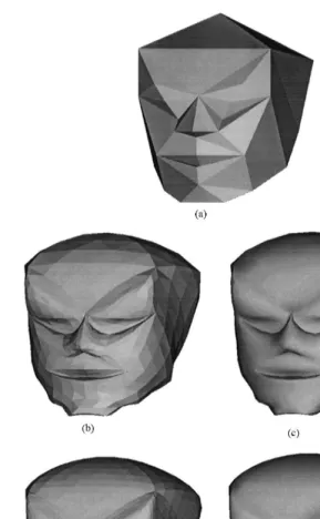 Fig. 5. Head-like surface in constant (left) and Gouraud shading (right): (b), (c) – after 2 iterations, (d), (e) – after 3iterations.