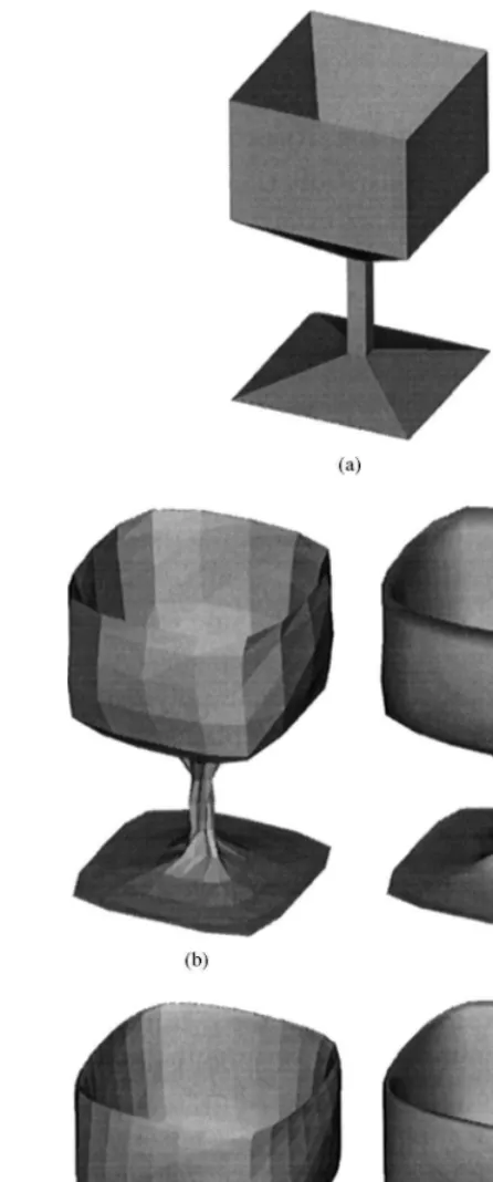 Fig. 6. Cup-like surface in constant (left) and Gouraud shading (right): (b), (c) – after 2 iterations, (d), (e) – after 3iterations.