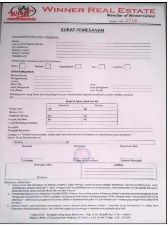 Gambar 4. 4 Surat Pemesanan Rumah  Sumber: PT Thresna Karya Propertindo 