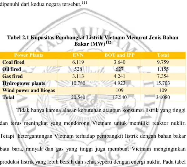 Tabel 2.1 Kapasitas Pembangkit Listrik Vietnam Menurut Jenis Bahan  Bakar (MW) 112