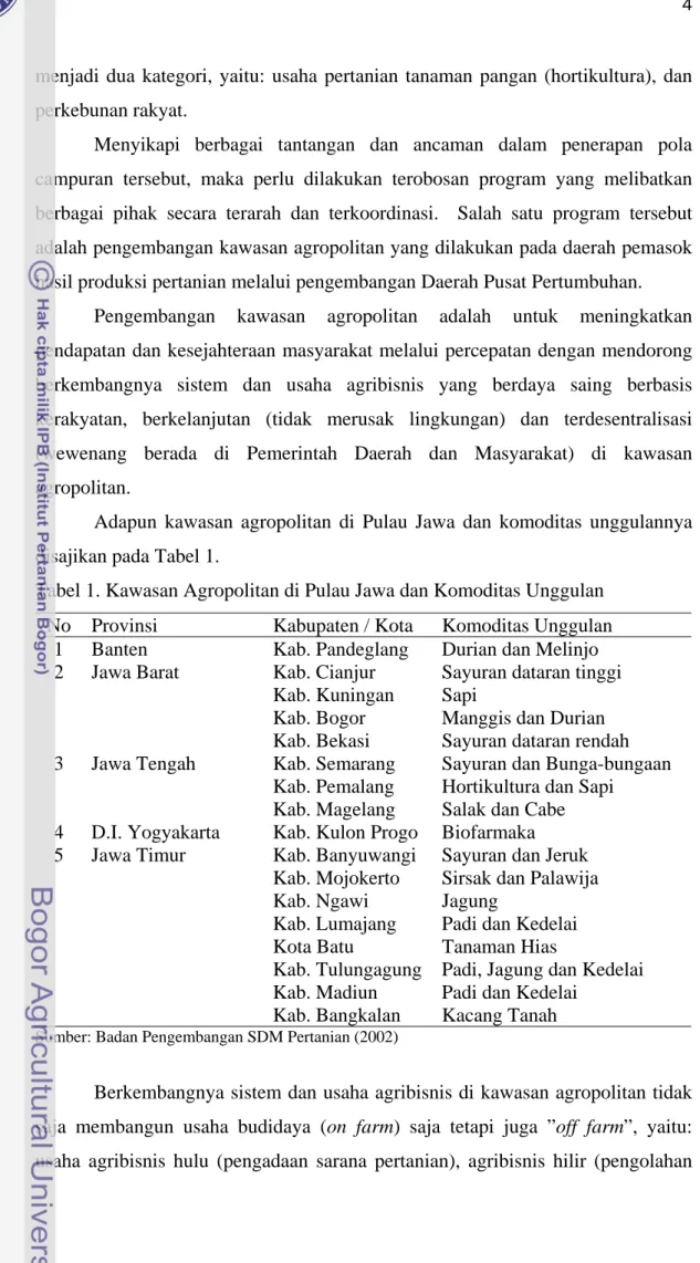 Tabel 1. Kawasan Agropolitan di Pulau Jawa dan Komoditas Unggulan  No  Provinsi  Kabupaten / Kota  Komoditas Unggulan 