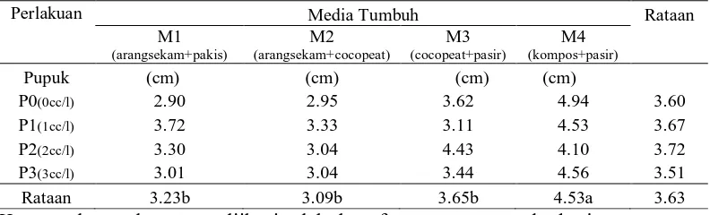 Tabel 2. Tinggi tanaman dari perlakuan media tumbuh, konsentrasi pupuk dan interaksi antara media tumbuh dengan konsentrasi pupuk