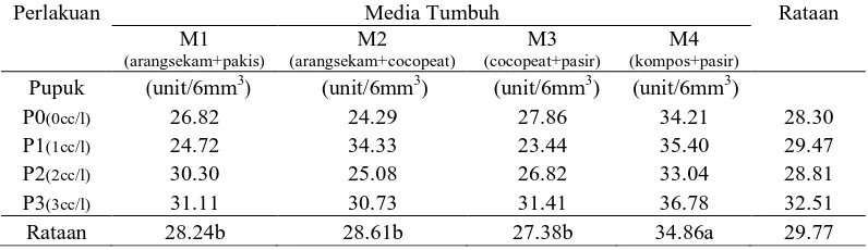 Tabel 8. Jumlah klorofil daun  dari perlakuan media tumbuh, konsentrasi pupuk dan interaksi antara media tumbuh dengan konsentrasi pupuk