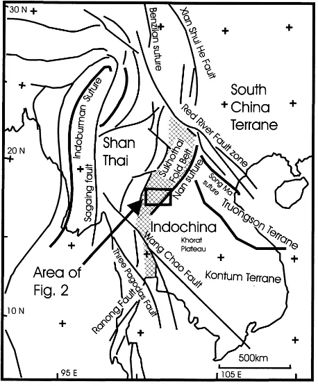 Fig. 1. Map of South East Asia showing the study area in relation to majorsutures and crustal blocks