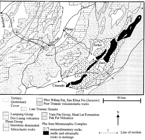 Fig. 2. Generalised geology of the Nan Suture and Sukhothai Fold Belt in the Lampang to Uttaradit area