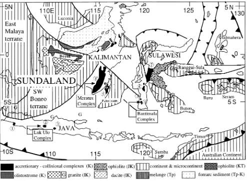 Fig. 2. Major components of Cretaceous accretionary–collision complexes. Cretaceous accretionary–collision complexes are distributed between a continent(Sundaland) and microcontinents (Paternoster, Buton etc.)