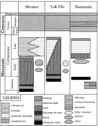 Fig. 3. Stratigraphic column of major accretionary–complexes in central Indonesia. Ages of major components of the Luk Ulo, Meratus, and BantimalaComplexes are shown in the column