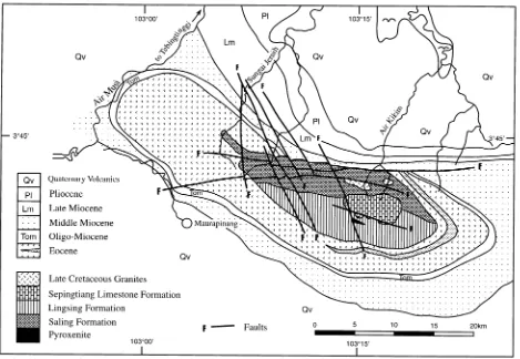 Fig. 7. The distribution of the Saling, Lingsing and Sepintiang formations, correlatives of the Woyla Group, in the Gumai Mountains, South Sumatra (afterGRDC map of Bengkulu, Gafoer et al., 1992).