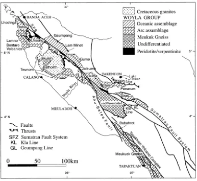 Fig. 2. The distribution of the Woyla Group in Aceh. For explanation see text. Modiﬁed from Stephenson and Aspden (1982), with data from Bennett et al.(1981a, b) and Cameron et al