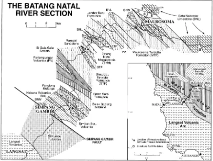 Fig. 4. Geological map of the Batang Natal river section, North Sumatra. Inset shows isotopic dates (from Wajzer et al., 1991)
