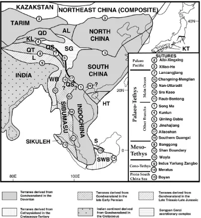 Fig. 1. Principal continental lithospheric blocks (terranes) and sutures of East and Southeast Asia