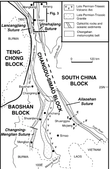 Fig. 2. Continental blocks and suture zones of SW China and adjacent regions showing the general location of the Jinshajiang and Ailaoshan Suture Zones andtraverses E-E Yakou-Laowangzai and F-F Muojiang-Yuanjiang