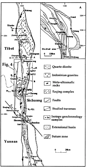 Fig. 3. Geological sketch map of the Jinshajiang Suture Zone (modiﬁed from SBGMR, 1991; YBGMR, 1982) showing localities of studied traverses: A-AChangbo-Zhongzan, B-B Ganzhangniuchang-Benjinlong, C-C Deqing-Benzilan, and D-D Xiquhe