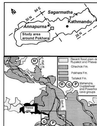 Fig. 1. Sketch map of Nepal showing the study area in Pokhara valley upper diagram and schematic geologic map with.Žmajor lithological units lower diagram; adapted from Yamanaka et al., 1982 