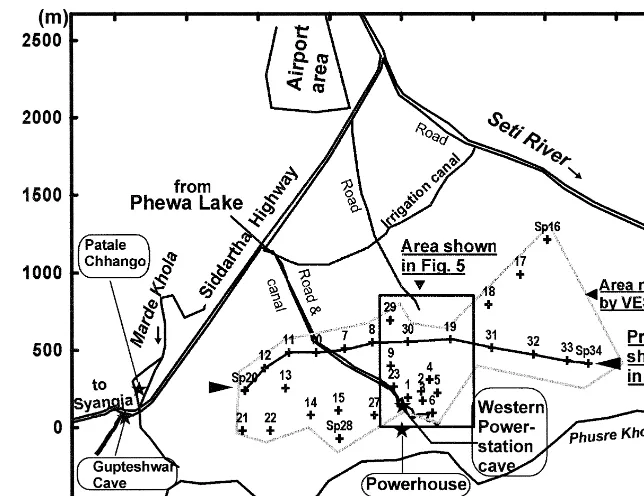 Fig. 2. The Powerhouse–Chhorepatan area. Locations of major caves stars: Patale Chhango or Devi’s Fall, GupteshwarŽcave, western PowerStation cave 