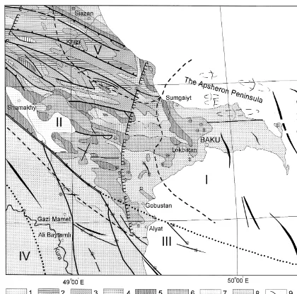 Fig. 1. Tectonic and geological scheme of the study area. Alpine geosynclinal sub-complexes: 1 — early geosynclinal epochŽg AJ., late geosynclinal epoch: 2 — lower epochŽg AJ1 yK ap , 3 — middle epoch.Žg AK al2yK., 4 — upper11– 2231212epoch g APŽ3.