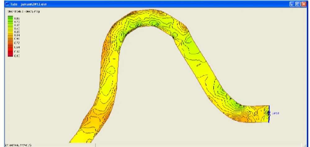 Gambar 7.  Hasil simulasi kontur kecepatan dengan  menggunakan debit PLTA Koto Panjang 