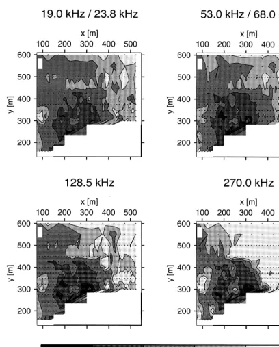 Fig. 7. Spatial distribution of apparent resistivities in Hermsdorf as derived from the transmitters in NWrŽSE directionE-polarization for four frequencies..