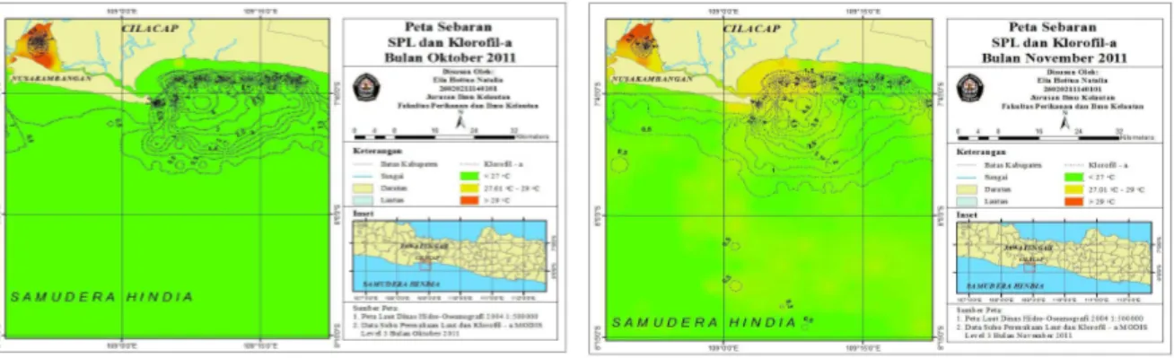 Gambar 12.  Peta Sebaran SPL dan Klorofil-a            Bulan November 2011. 
