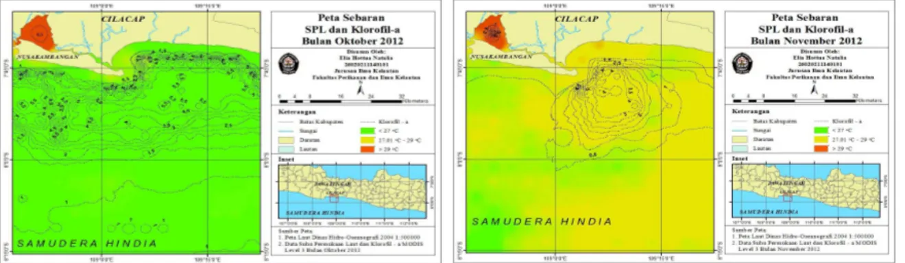 Gambar  17.  Peta  Sebaran  SPL  dan      Klorofil-a  Bulan Oktober 2012. 