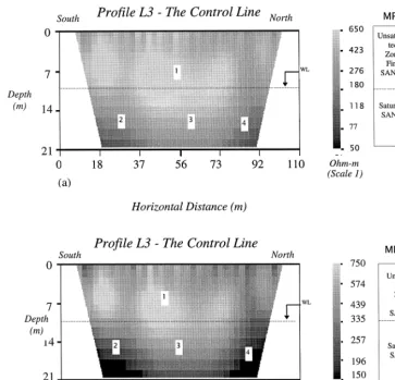 Fig. 7. Resistivity inversion model for the control line L3 same results, on two plot scales, for ease of comparison with Figs.Ž8, 9, 11 and 12 ..