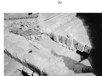 Fig. 9. Photos of the excavation results. a SW–NE oriented barrel vault made of squared calcarenitic blocks whose apex isŽ .at about 0.65 m below ground level, overlaid by several horizontal layers of different materials.Ž .bThick stone wallSE–NW oriented 1 m distant from the barrel vault and, in the left corner, a couple of iron pipes.