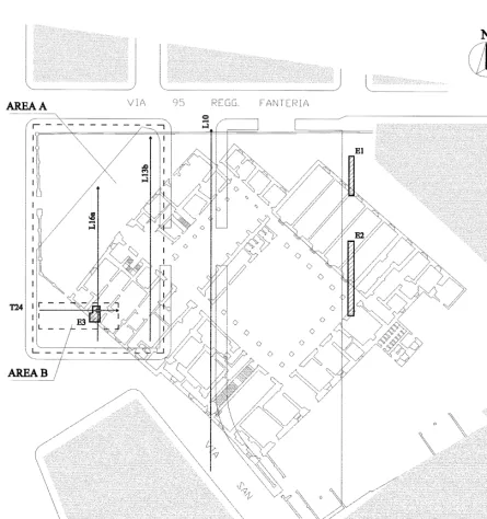 Fig. 2. Survey area and location map of ‘‘Caserma O. Massa’’ before its destruction. Dashed lines mark the limits of areas Aand B for which time slices have been realized displayed in Figs