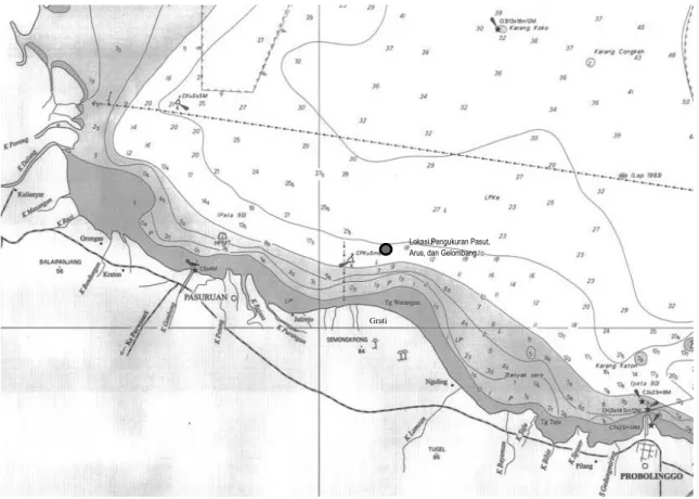 Gambar 2. Lokasi Pengukuran  Pasang Surut, Arus, dan Gelombang di Perairan Grati ( Sumber : Peta Kedalaman Perairan, DISHIDROS TNI AL, 2006 )