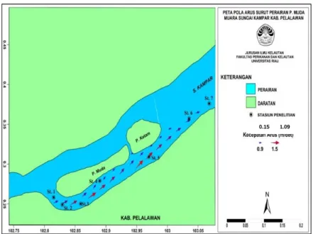 Tabel  1. Arah dan Kecepatan Arus Surut Menuju Pasang Perairan Pulau Muda Muara  Sungai Kampar 