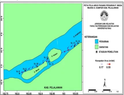 Gambar 3. Arah dan Kecepatan Arus Pasang Menuju Surut Perairan Pulau Muda Muara  Sungai Kampar 