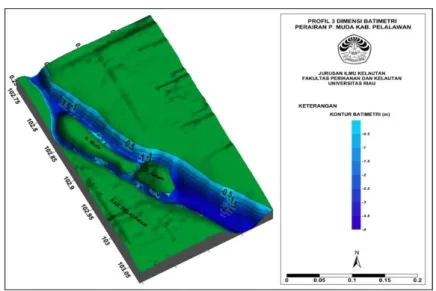 Gambar 4. Profil 3d (Dimensi) Kedalaman Perairan Pulau Muda Muara Sungai Kampar