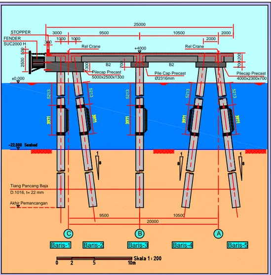 Ilustrasi dari struktur dermaga tipe deck on pile yang digunakan dalam studi kasus dapat  dilihat pada Gambar 1