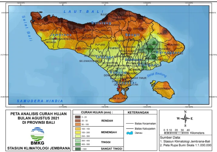 Gambar 1. Peta analisis curah hujan bulan Agustus 2021 di Provinsi Bali