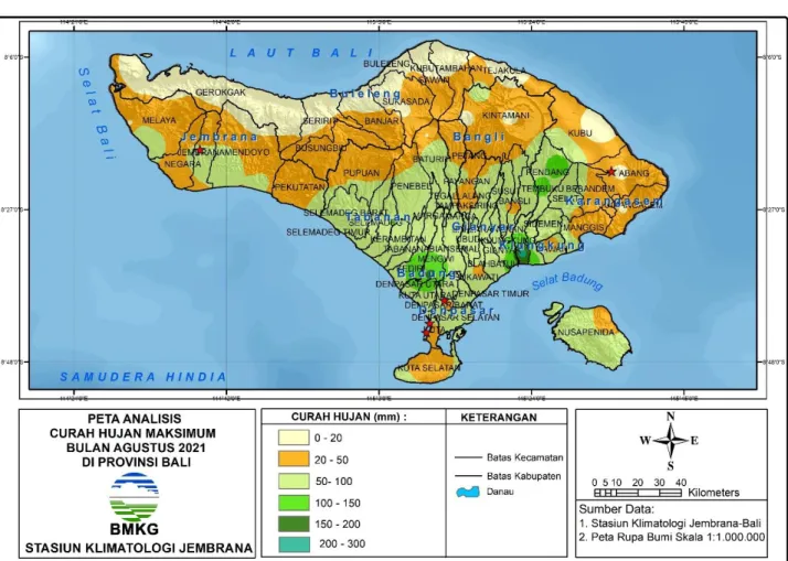 Gambar 3. Peta analisis curah hujan maksimum bulan Agustus 2021 di Provinsi Bali
