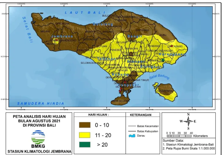Gambar 4. Peta analisis hari hujan bulan Agustus 2021 di Provinsi Bali