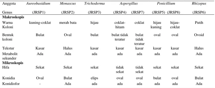 Tabel 2.  Karakter Morfologis dari Jamur yang Diisolasi dari Rizosfer Tanaman Durian (Durio zibethinus Murr.) di  Desa Bemban, Sungai Kakap, Pontianak