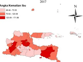 Tabel 2 menunjukkan bahwa rata-rata Angka Kematian  Bayi (Y 1 ) tahun 2017 dan 2018 masing-masing sebesar 8,08  (sekitar 8 bayi meninggal tiap 1000 kelahiran hidup di Jawa  Timur  tahun  2017)  dan  7,86  (sekitar  7  sampai  8  bayi  meninggal  tiap  1000