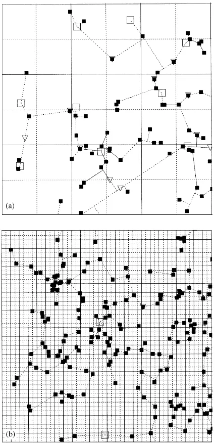 Fig. 1. Typical rural electricity networks (part) drawn by anetwork simulator [8]. 500 m squares; (of 415 V with 124 load points and 2976 consumers