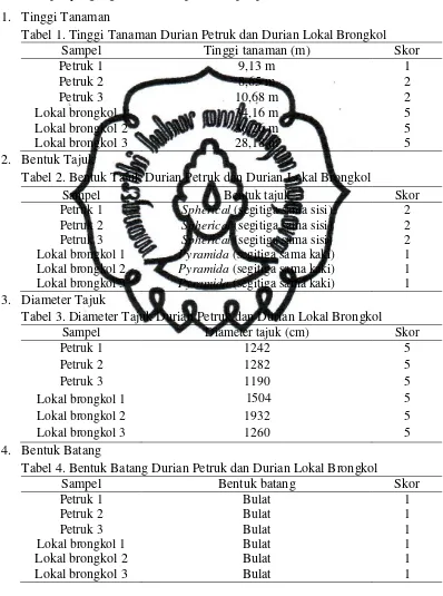 Tabel 1. Tinggi Tanaman Durian Petruk dan Durian Lokal Brongkol 