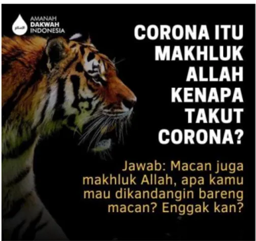 Gambar 6. Meme analogi harimau dan virus corona sebagai makhlu Allah 