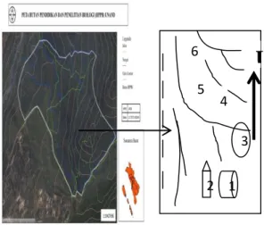 Gambar 1. Peta dan Jalur Pengamatan Hutan  Pendidikan  dan  Penelitian  Biologi  Universitas  Andalas (1: Jalur bendungan, 2: Stasiun HPPB,  3:  Sungai,  4:  Jalur  Kamp  1,  5:  Plot  permanen,  6: Jalur puncak ixora).