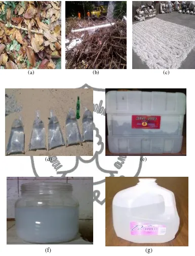 Gambar 3.1 Bahan penelitian : (a) Daun; (b) Ranting; (c) HDPE; (d) Air Laut; (e) Air Accu Zuur; (f) Air Detergen; (g) Air Destilasi  