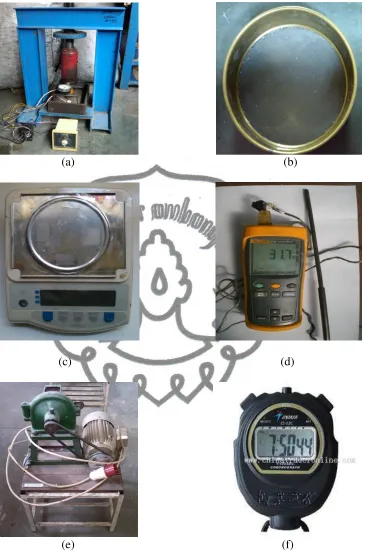 Gambar 3.2 Alat Penelitian : (a) Alat pres; (b) Mesh; (c) Timbangan digital;  (d) Thermometer digital; (e) Crusher: (f) Timer 